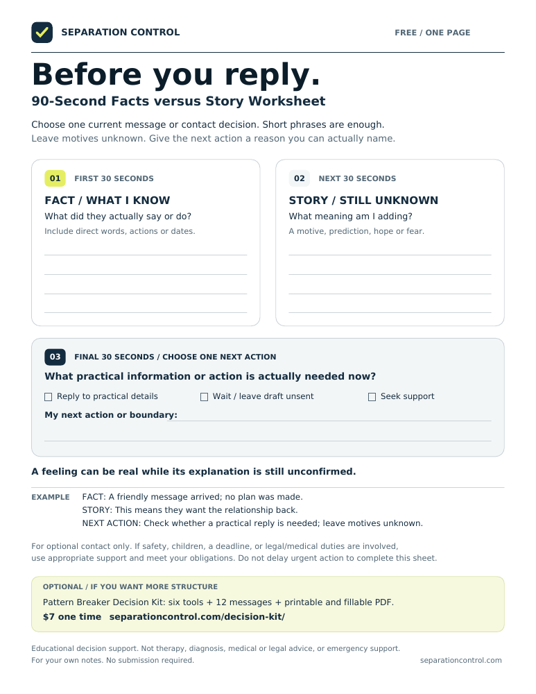 One-page worksheet with separate fact and story columns, followed by one next action.